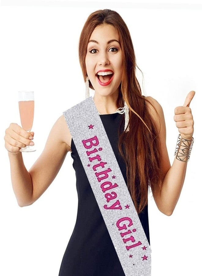 Fun Affairs Birthday Girl Sash Silver Glitter with Pink Lettering for 13th, 18th, 21st Decoration Sash for Girls Birthday Party - Image 1